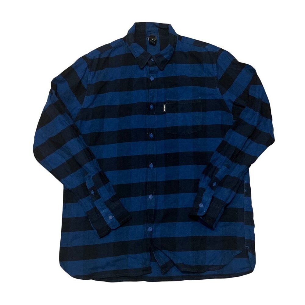 Oakley Mens Custom Fit Blue & Black Plaid Button-Up Shirt Size M